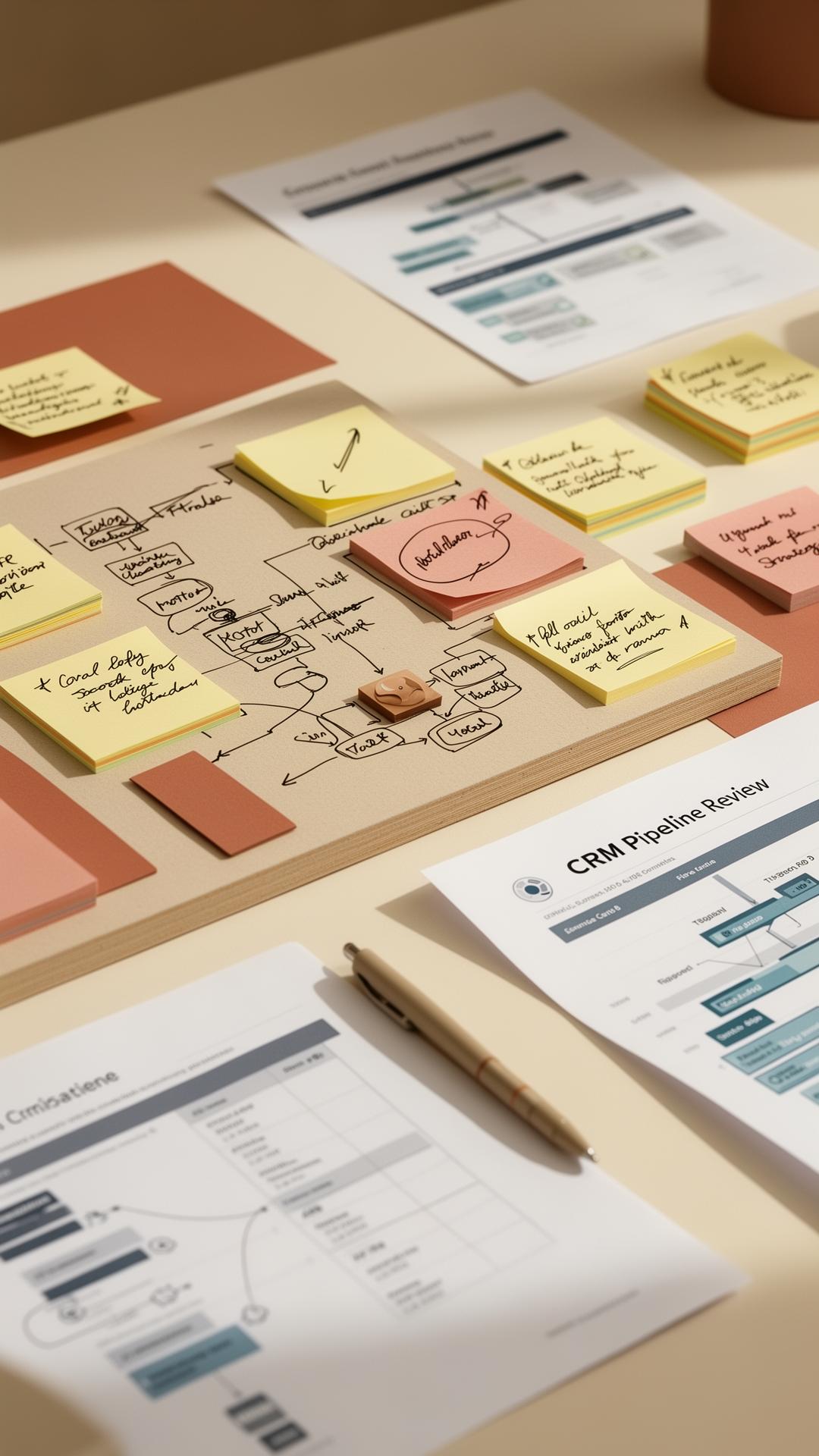 Strategy board with sticky notes, marked-up diagrams, and a CRM pipeline review
