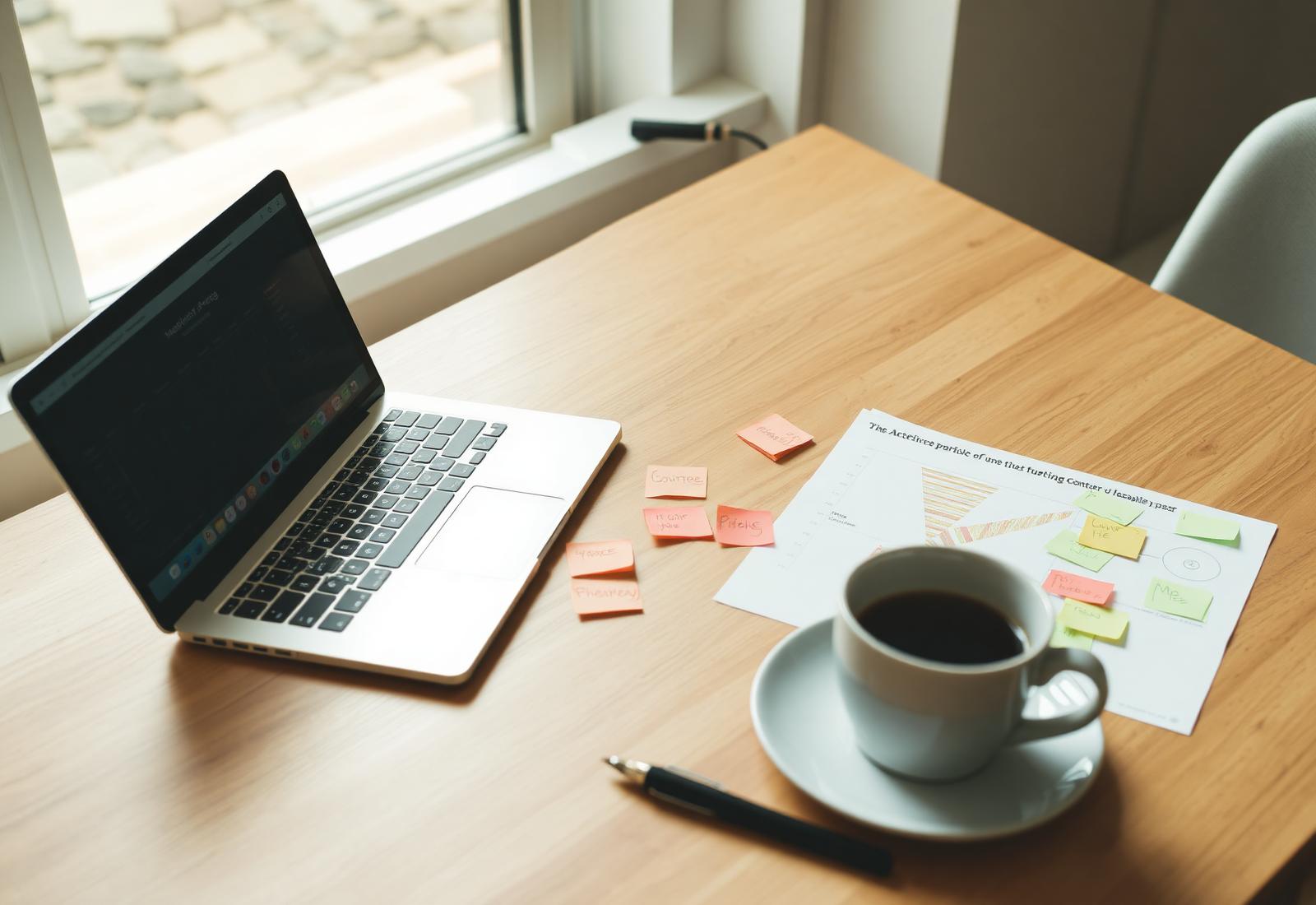 Marketing planning session with campaign dashboard, content calendar, and funnel map on a wooden desk