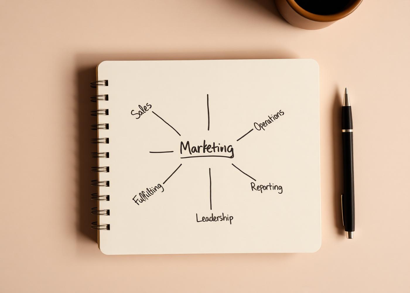 Notebook diagram showing marketing connected to sales, operations, fulfillment, leadership, and reporting