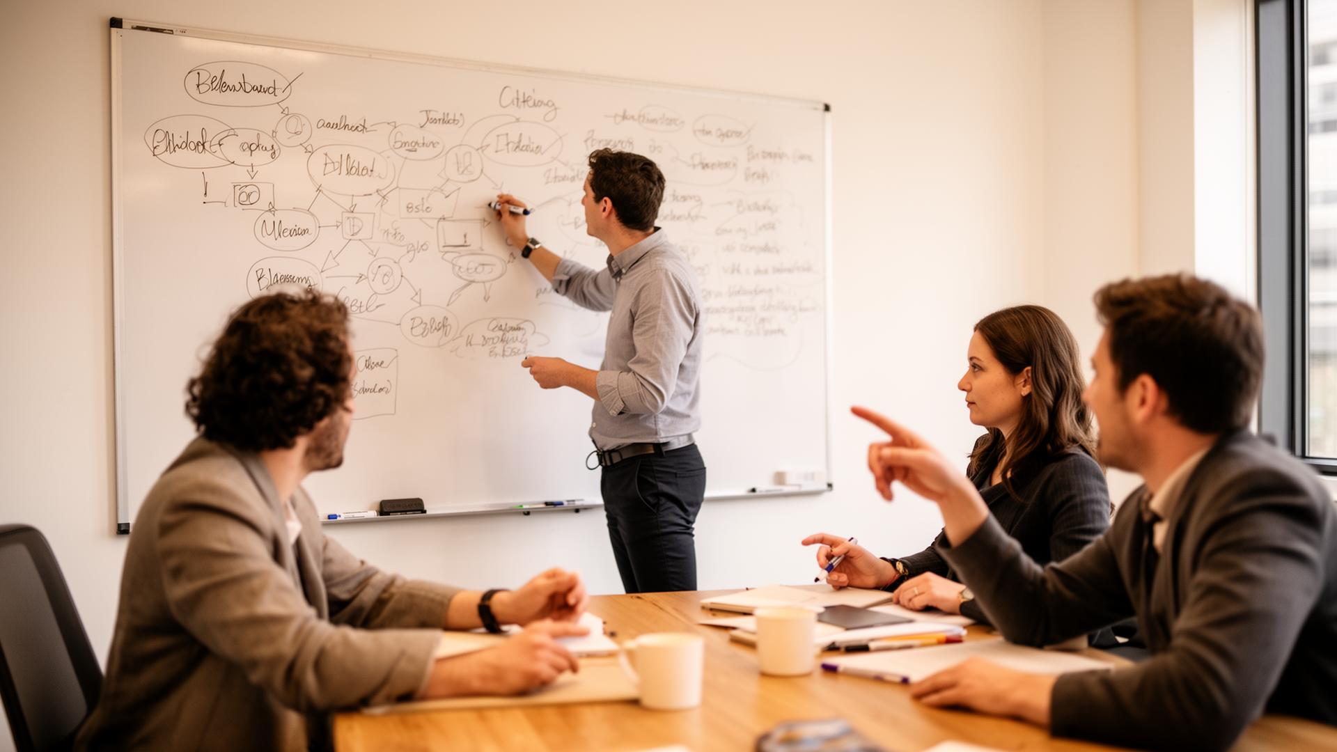 Team meeting in a modern office with a colleague presenting at a whiteboard