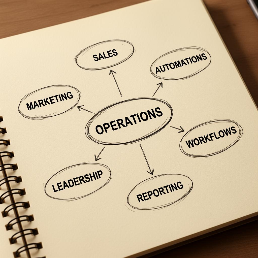 Hand-drawn hub-and-spoke diagram with Operations at the center connected to Marketing, Sales, Automations, Workflows, Leadership, Reporting, and Client Experience
